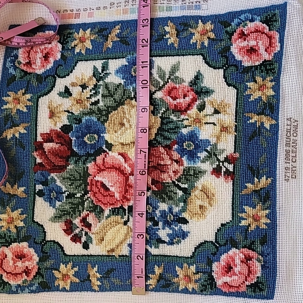 Floral Needlepoint Tapestry with Blue Border - Picture 5 of 6